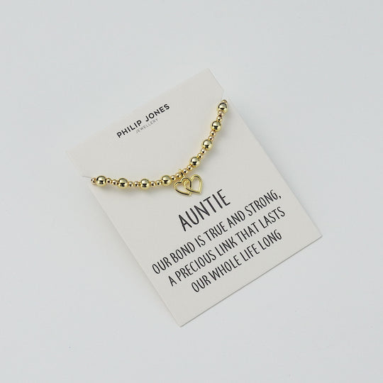 18k Gold Plated Auntie Heart Link Beaded Stretch Bracelet with Quote Card