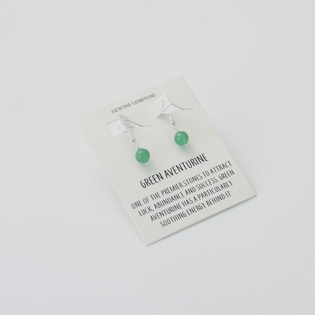 Green Aventurine Gemstone Round Drop Earrings with Quote Card