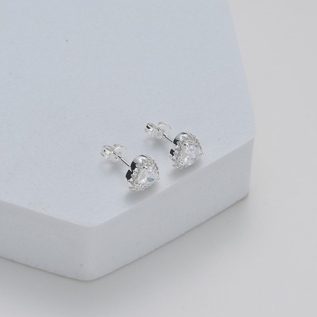 Silver Plated Heart Halo Earrings Created with Zircondia® Crystals Video