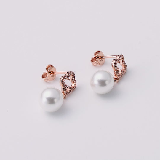 Rose Gold Plated Clover Pearl Drop Earrings Created with Zircondia® Crystals