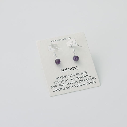 Amethyst Gemstone Round Drop Earrings with Quote Card