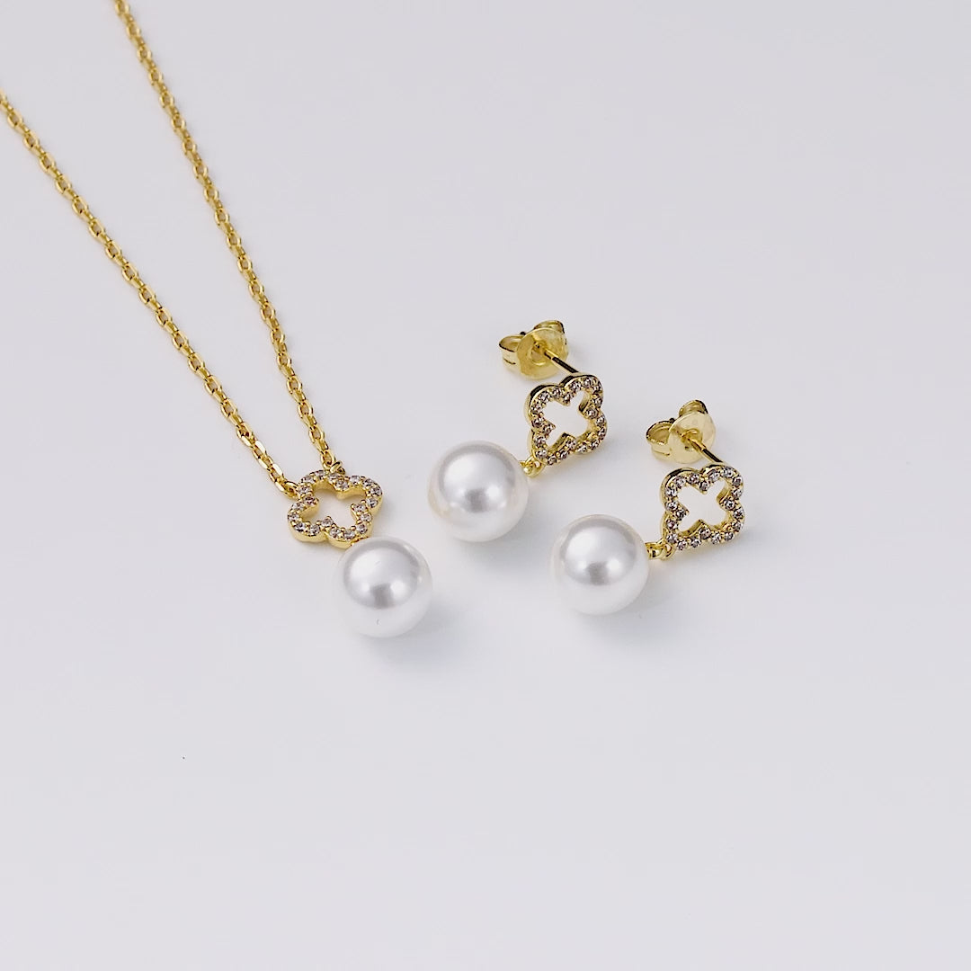 18k Gold Plated Clover Pearl Drop Set Created with Zircondia® Crystals