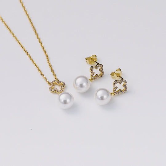 18k Gold Plated Clover Pearl Drop Set Created with Zircondia® Crystals