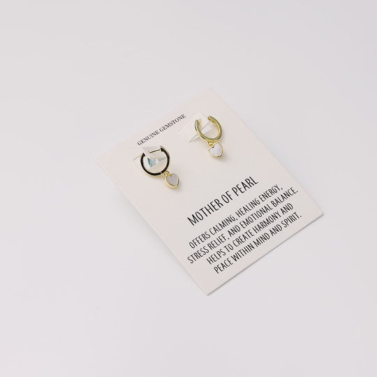 18k Gold Plated Mother of Pearl Gemstone Heart Charm Hoop Earrings with Quote Card
