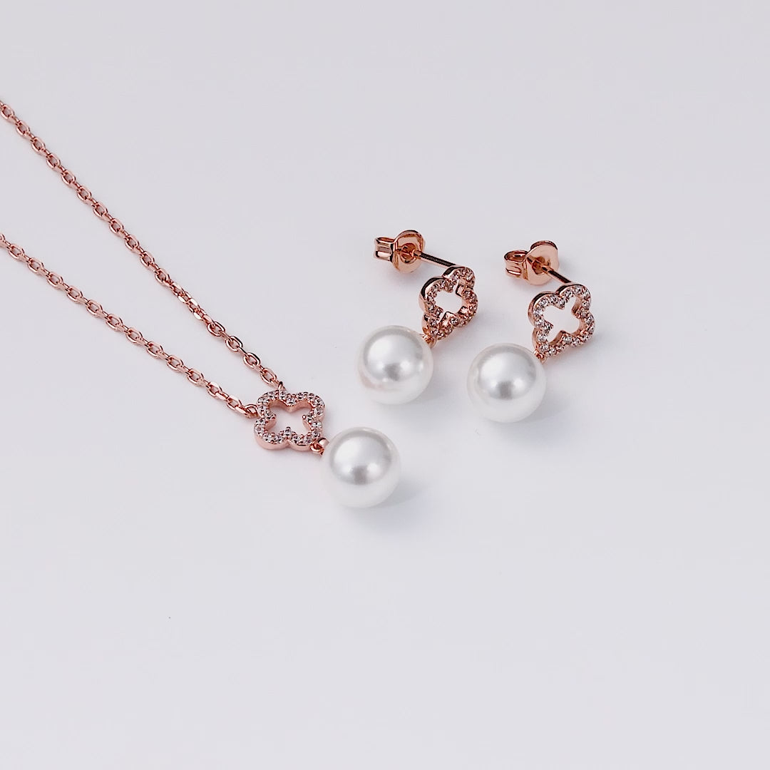 Rose Gold Plated Clover Pearl Drop Set Created with Zircondia® Crystals