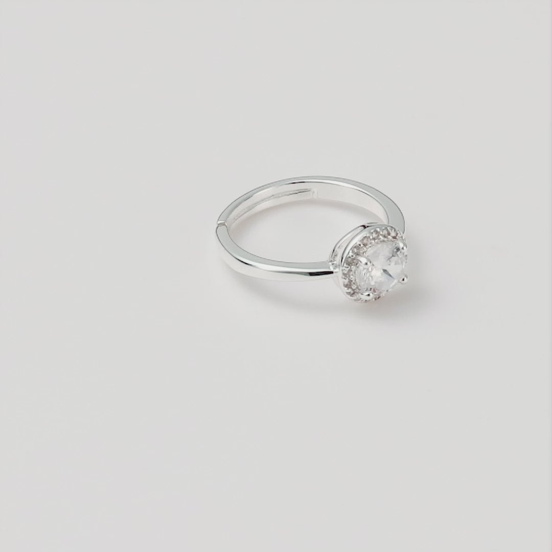 Silver Plated Round Halo Ring Created with Zircondia® Crystals