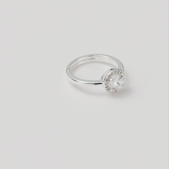 Silver Plated Round Halo Ring Created with Zircondia® Crystals