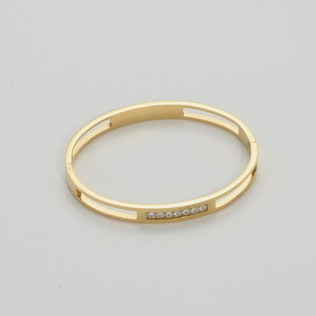 Gold Plated Stainless Steel Channel Bangle Created with Zircondia® Crystals Video