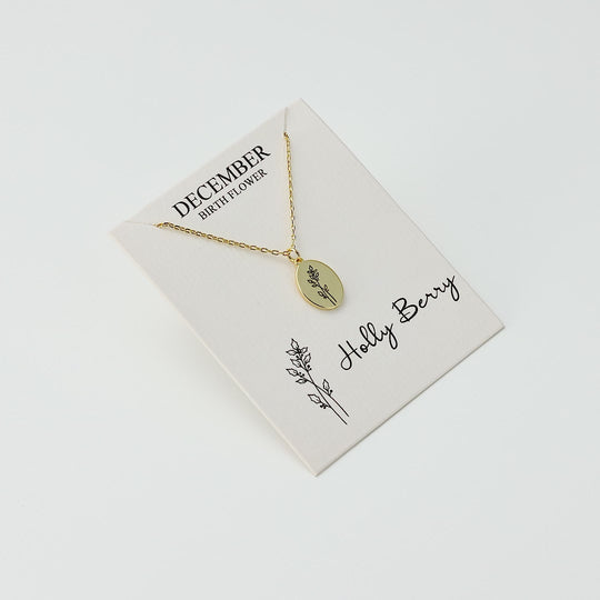 18k Gold Plated December Birth Flower Holly Berry Necklace with Card