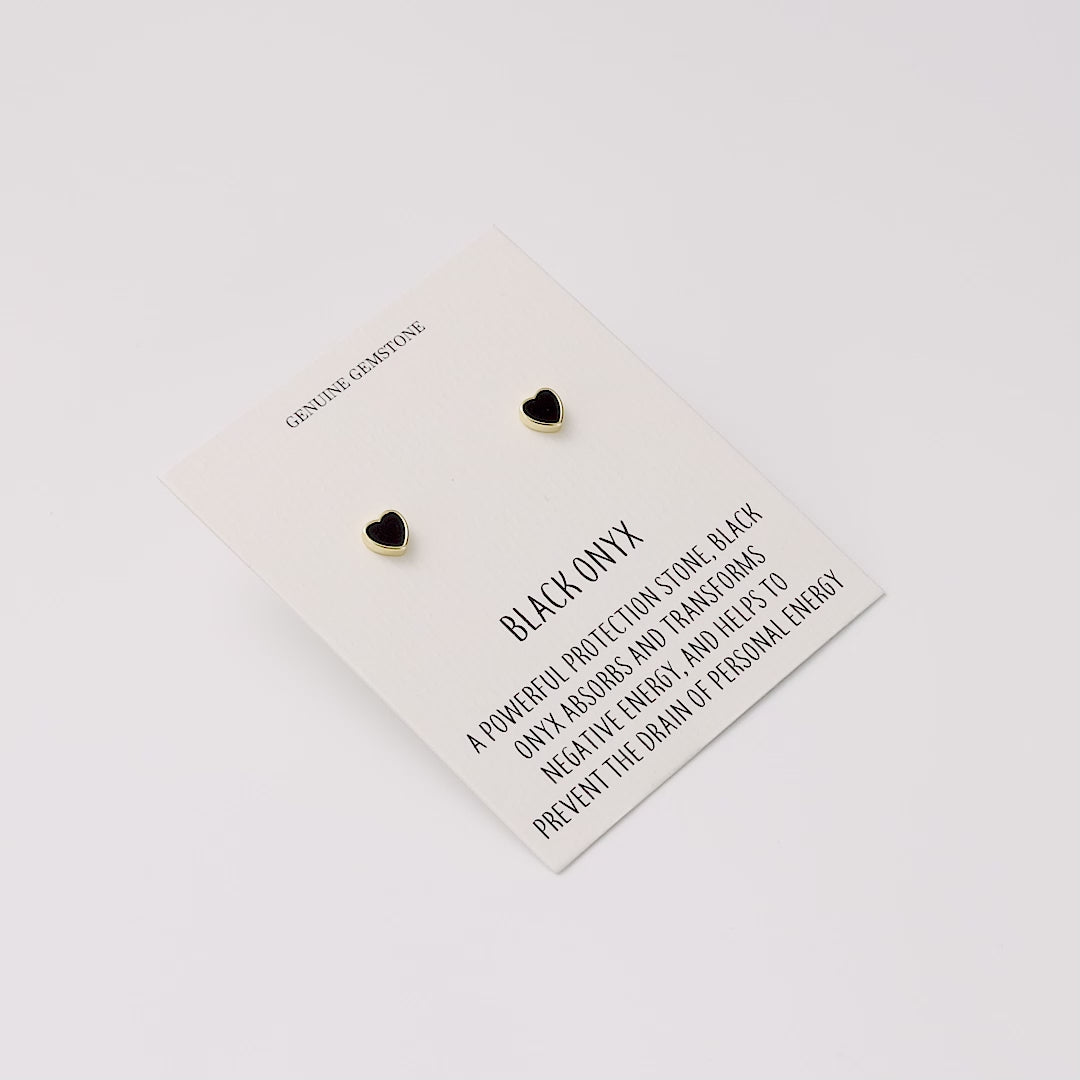 18k Gold Plated Black Onyx Heart Stud Earrings with Quote Card