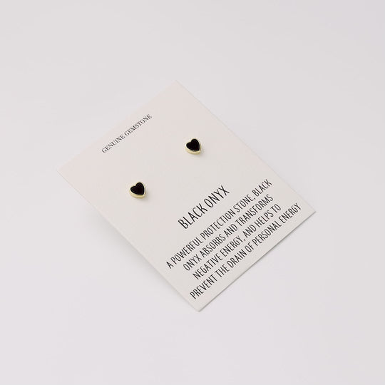 18k Gold Plated Black Onyx Heart Stud Earrings with Quote Card