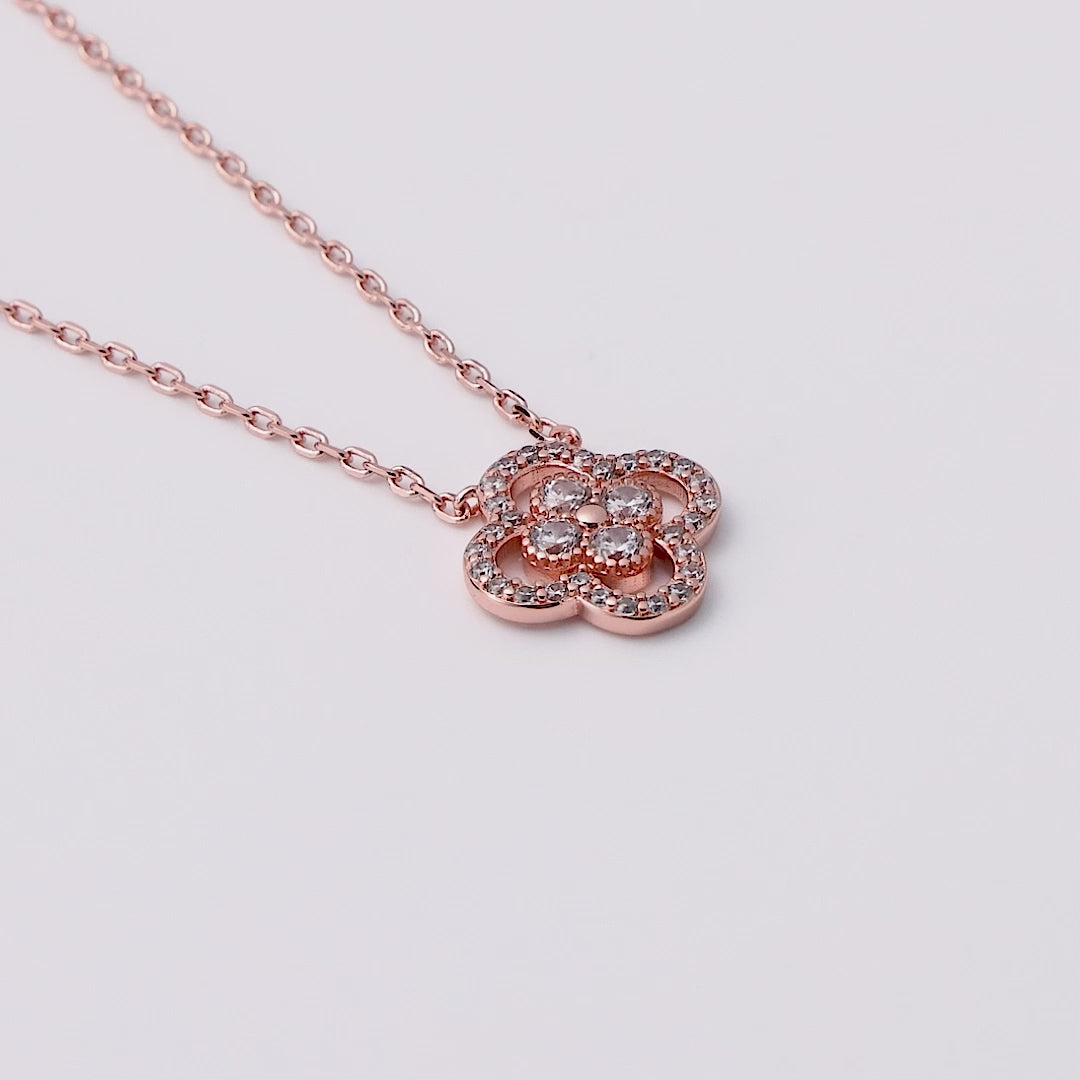 Rose Gold Plated Clover Halo Necklace Created with Zircondia® Crystals