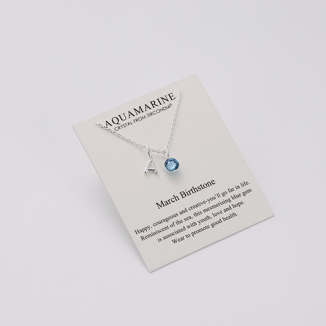 Customisable March (Aquamarine) Birthstone Necklace with Option of Initial Charms (A-Z)