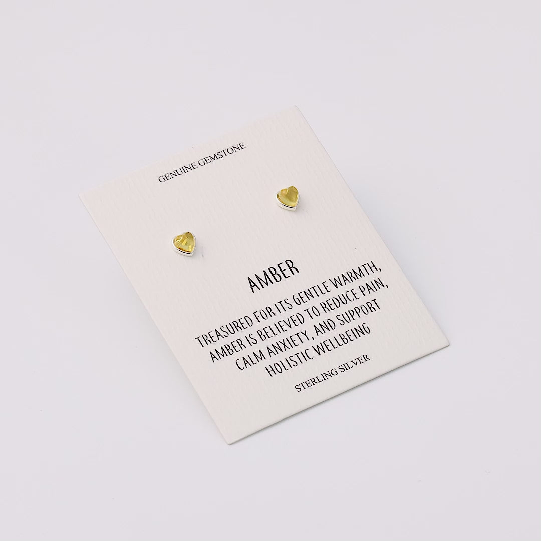Sterling Silver Amber Heart Stud Earrings with Quote Card