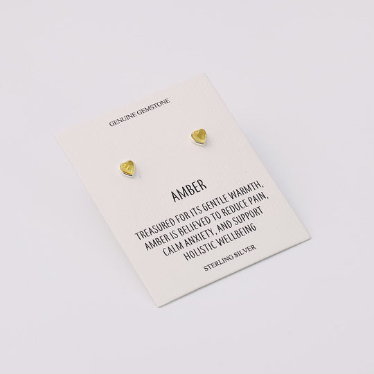 Sterling Silver Amber Heart Stud Earrings with Quote Card