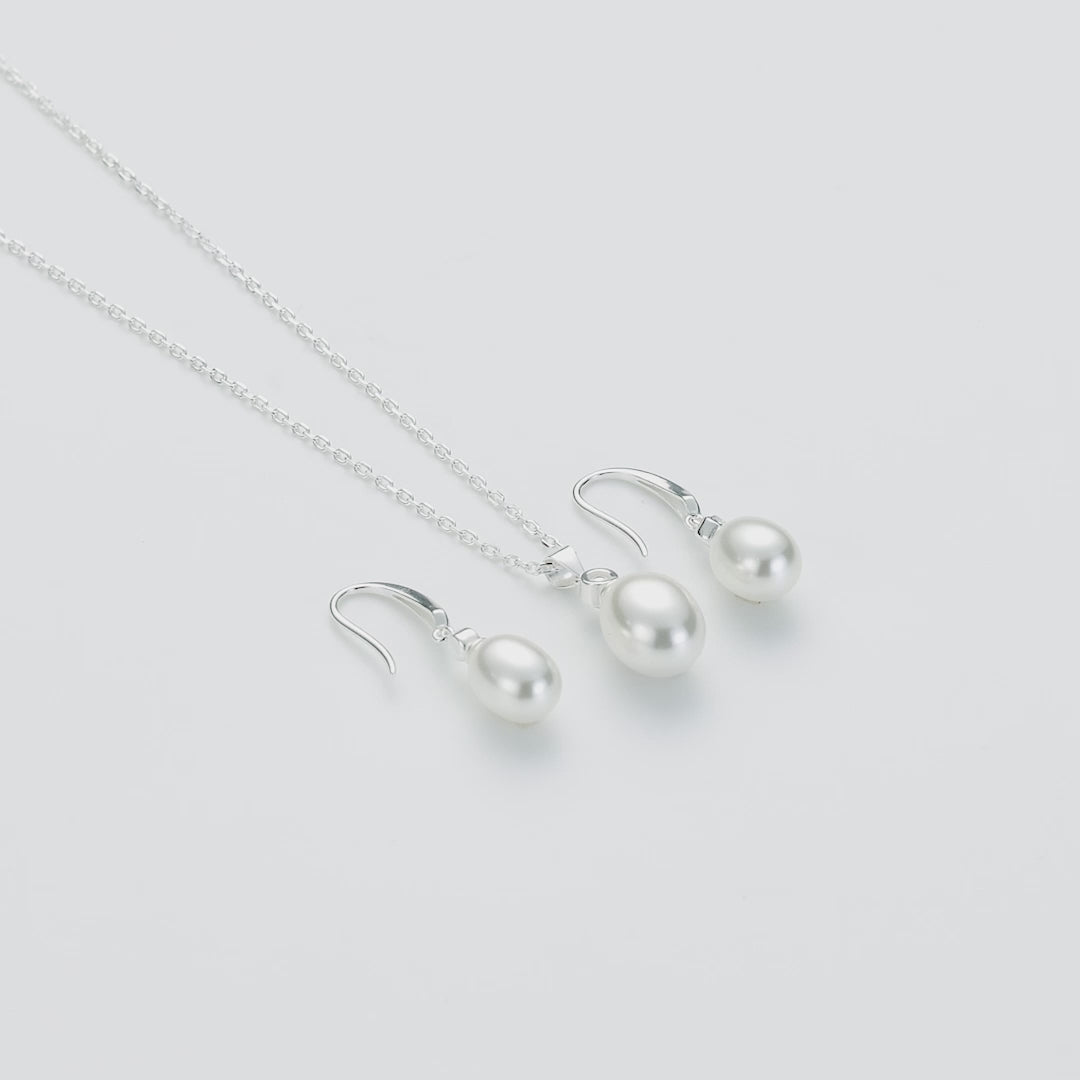 Sterling Silver White Pearl Drop Set Created with Zircondia® Crystals