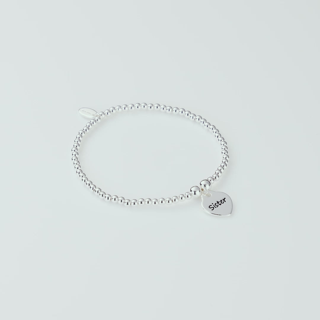 Sister Heart Charm Beaded Stretch Bracelet