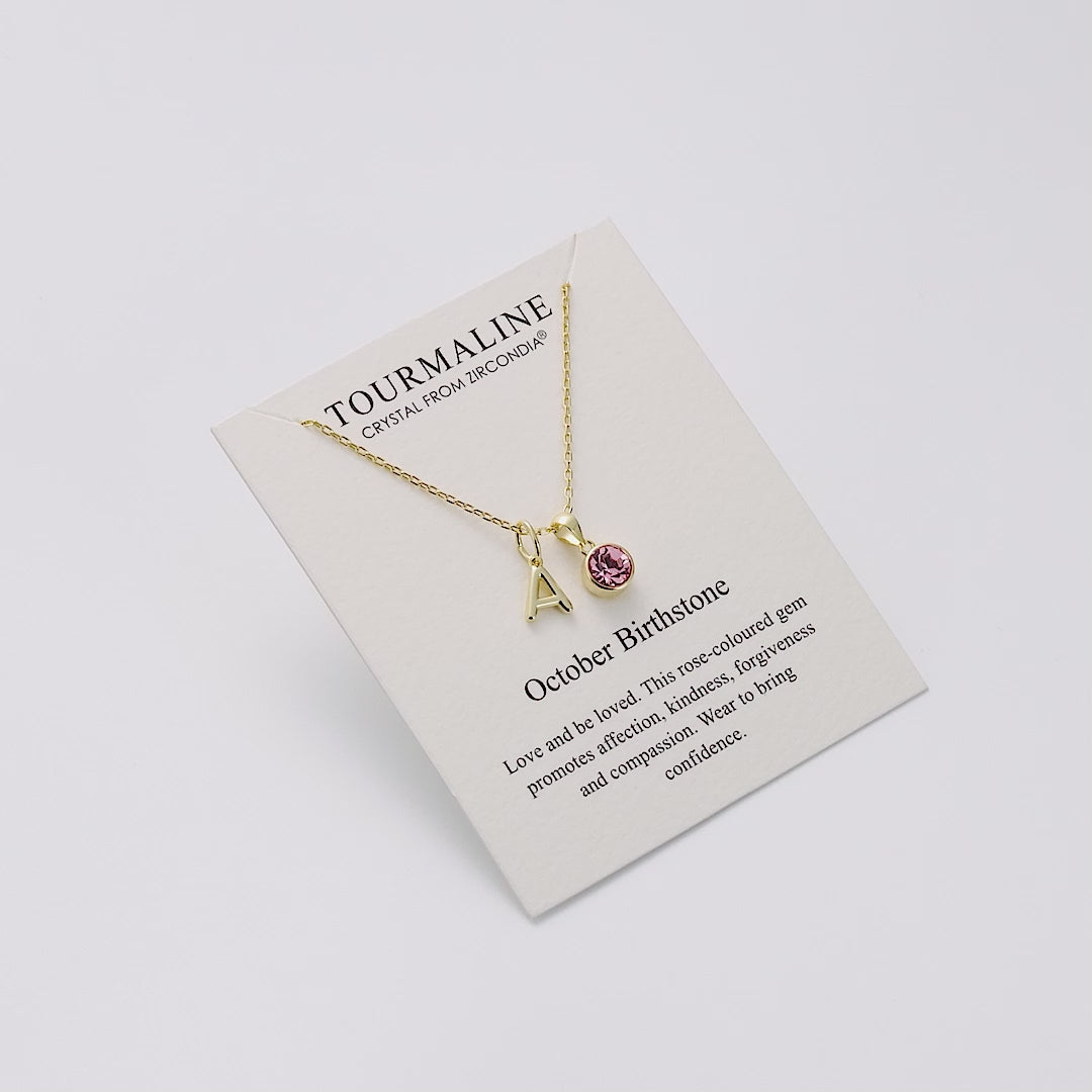 Customisable Gold Plated October (Tourmaline) Birthstone Necklace with Option of Initial Charms (A-Z)