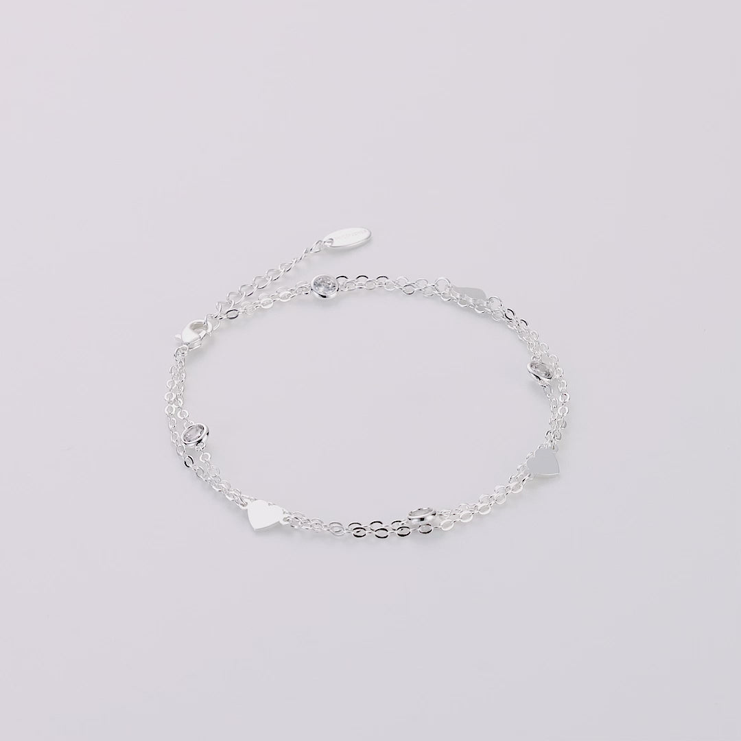 Silver Plated Layered Heart Anklet Created with Zircondia® Crystals