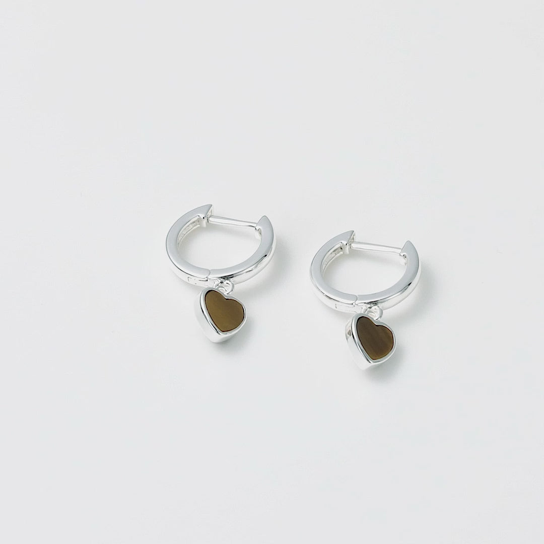 Tigers Eye Gemstone Heart Charm Hoop Earrings