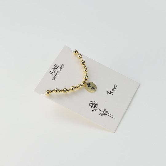 18k Gold Plated June Birth Flower Rose Beaded Stretch Bracelet with Card