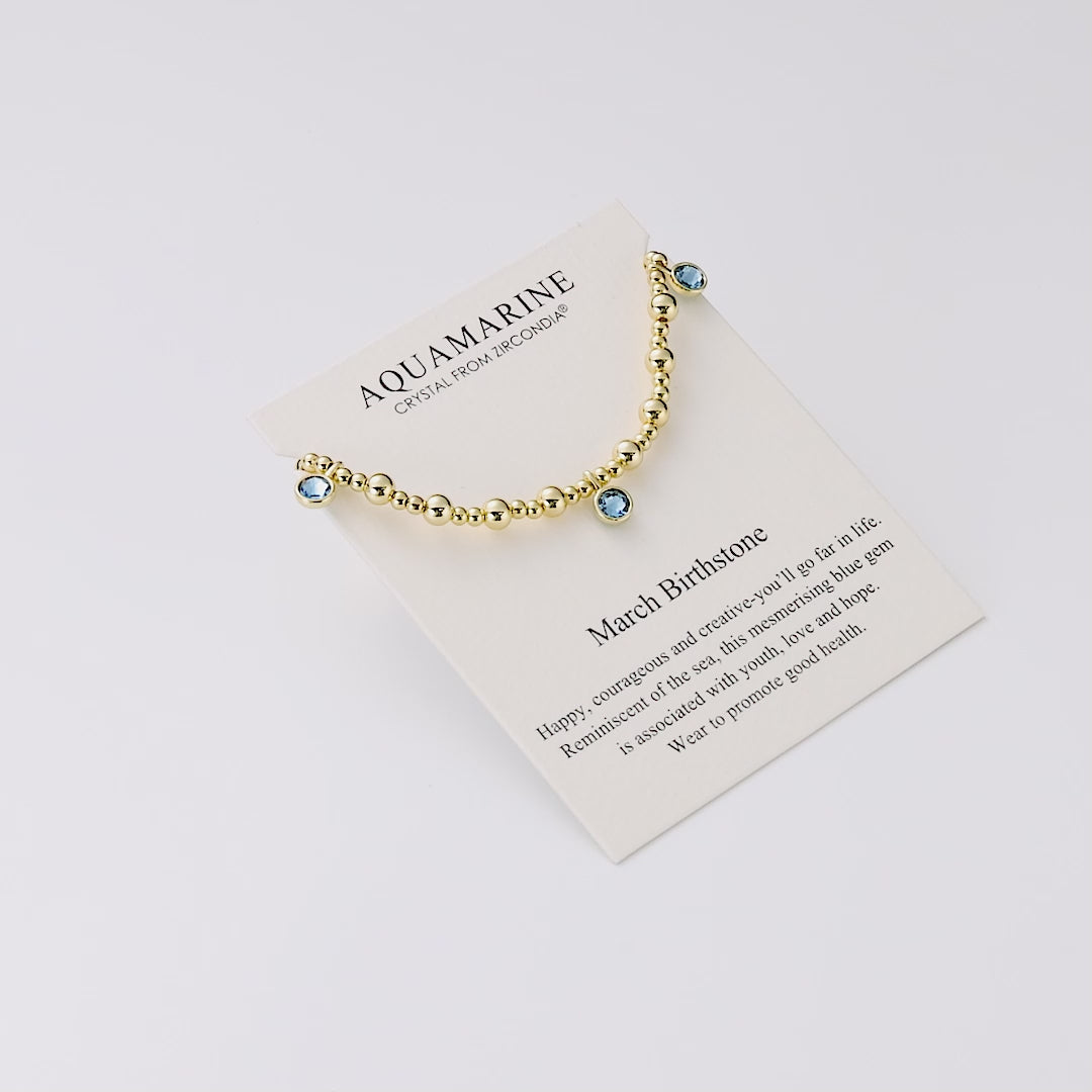 18k Gold Plated March (Aquamarine) Birthstone Stretch Charm Bracelet with Quote Card