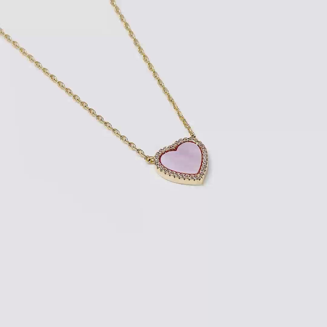 18k Gold Plated Pink Mother of Pearl Gemstone Heart Necklace with Zircondia® Crystals
