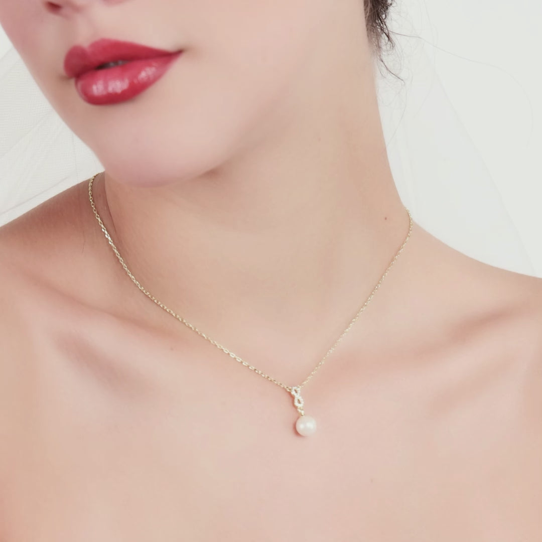 Gold Plated Infinity Pearl Drop Bridal Necklace Created with Zircondia® Crystals