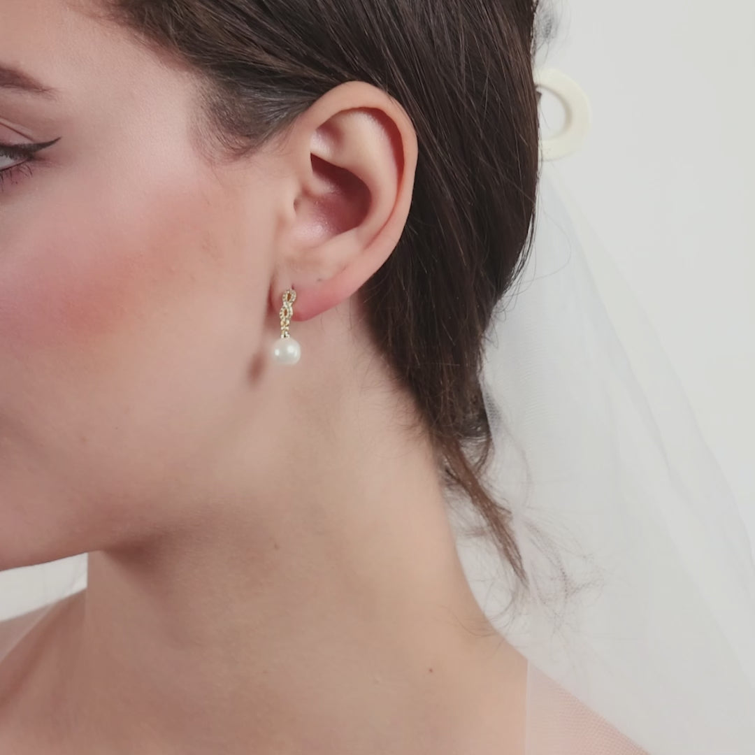 Gold Plated Infinity Pearl Drop Bridal Earrings Created with Zircondia® Crystals
