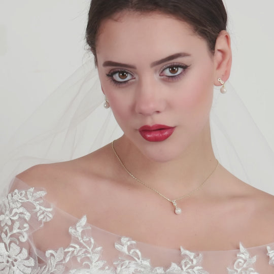 Gold Plated Infinity Pearl Drop Bridal Set Created with Zircondia® Crystals