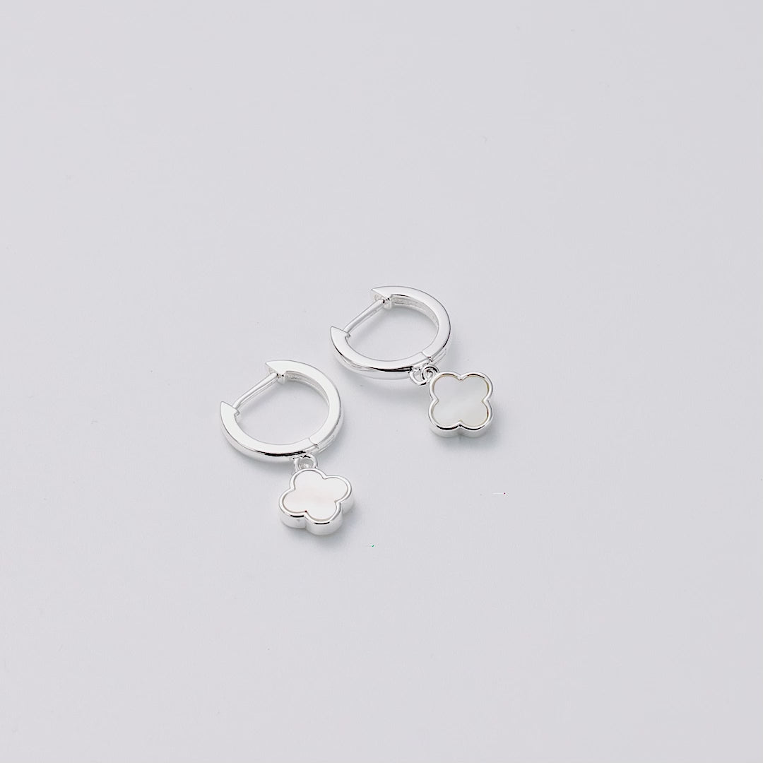 Mother of Pearl Gemstone Clover Charm Hoop Earrings