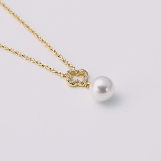 18k Gold Plated Clover Pearl Drop Necklace Created with Zircondia® Crystals