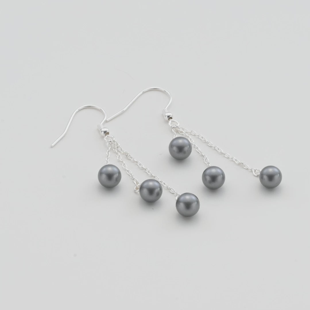 Sterling Silver Triple Dark Grey Pearl Drop Earrings