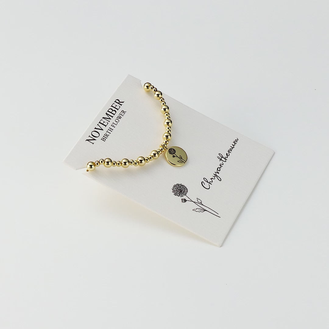 18k Gold Plated November Birth Flower Chrysanthemum Beaded Stretch Bracelet with Card