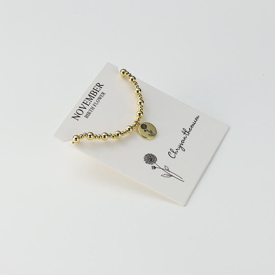 18k Gold Plated November Birth Flower Chrysanthemum Beaded Stretch Bracelet with Card