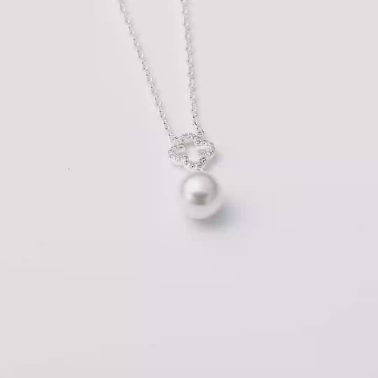 Silver Plated Clover Pearl Drop Necklace Created with Zircondia® Crystals