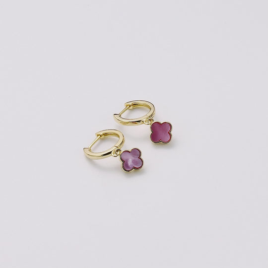 Gold Plated Pink Mother of Pearl Gemstone Clover Charm Hoop Earrings