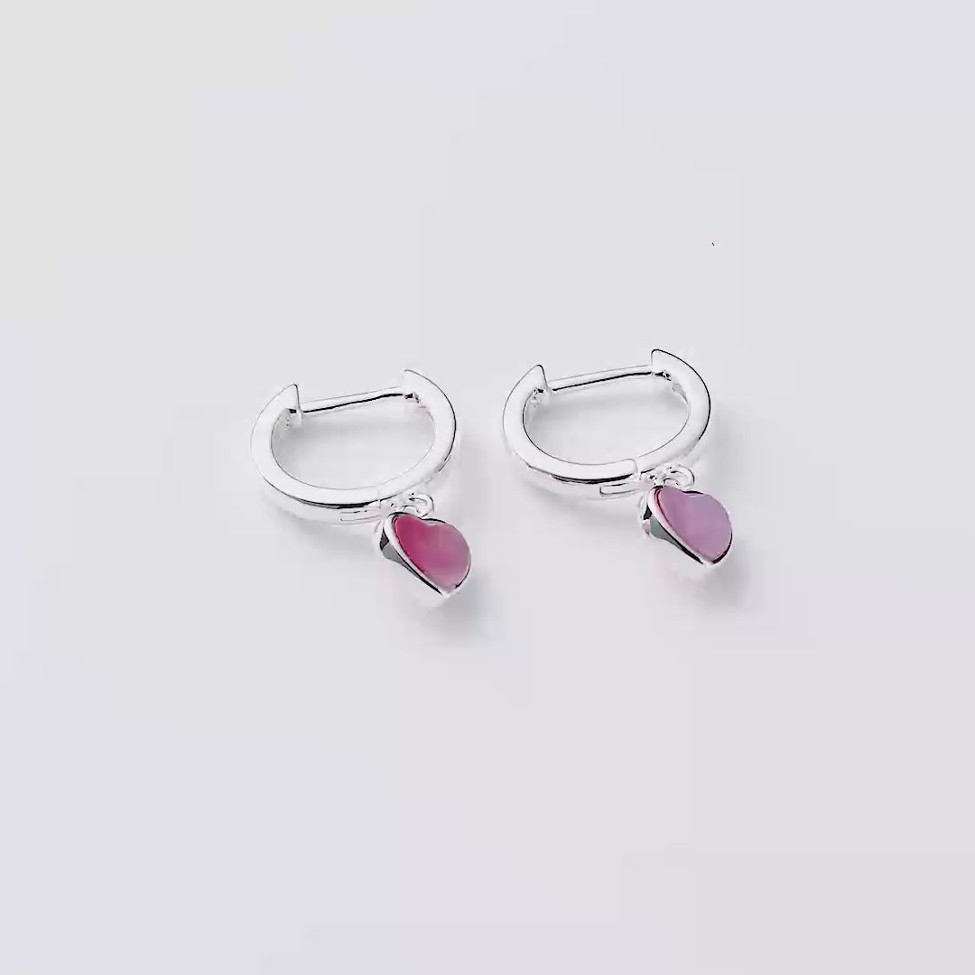 Pink Mother of Pearl Gemstone Heart Charm Hoop Earrings