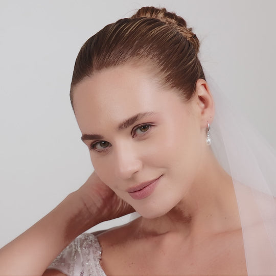 Sterling Silver White Pearl Drop Bridal Earrings Created with Zircondia® Crystals