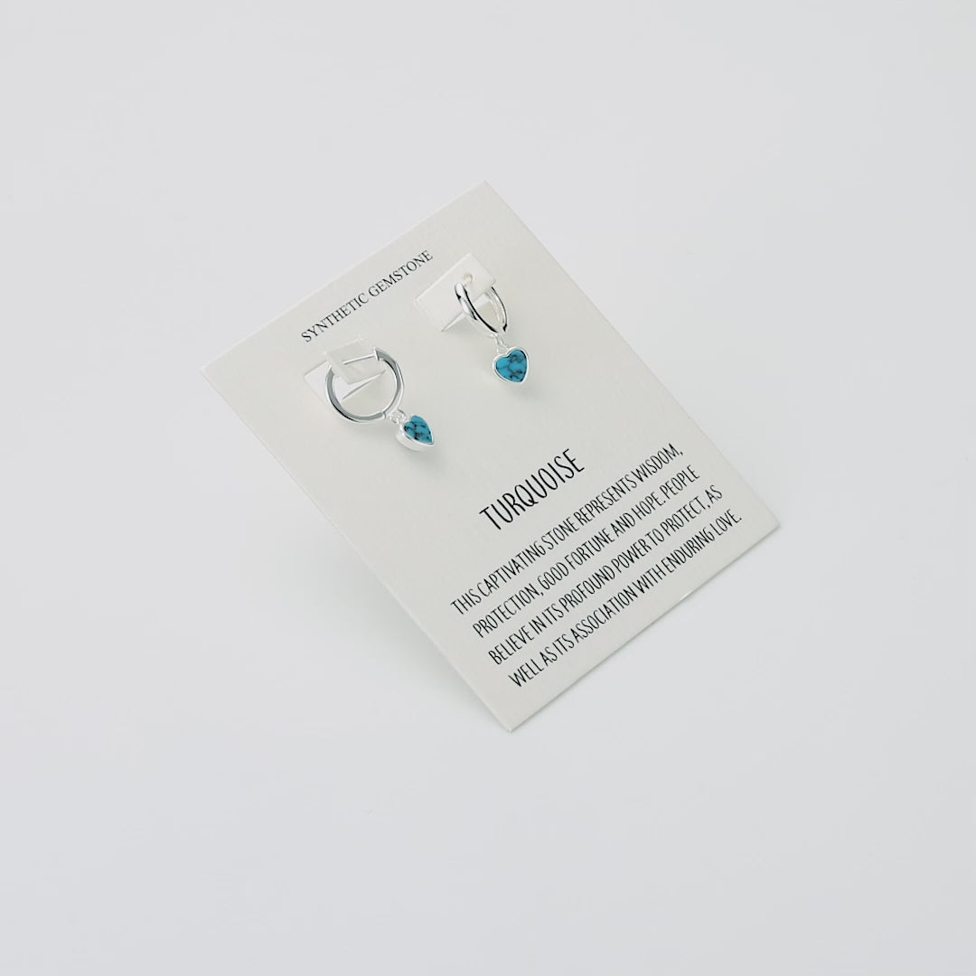Synthetic Turquoise Gemstone Heart Charm Hoop Earrings with Quote Card