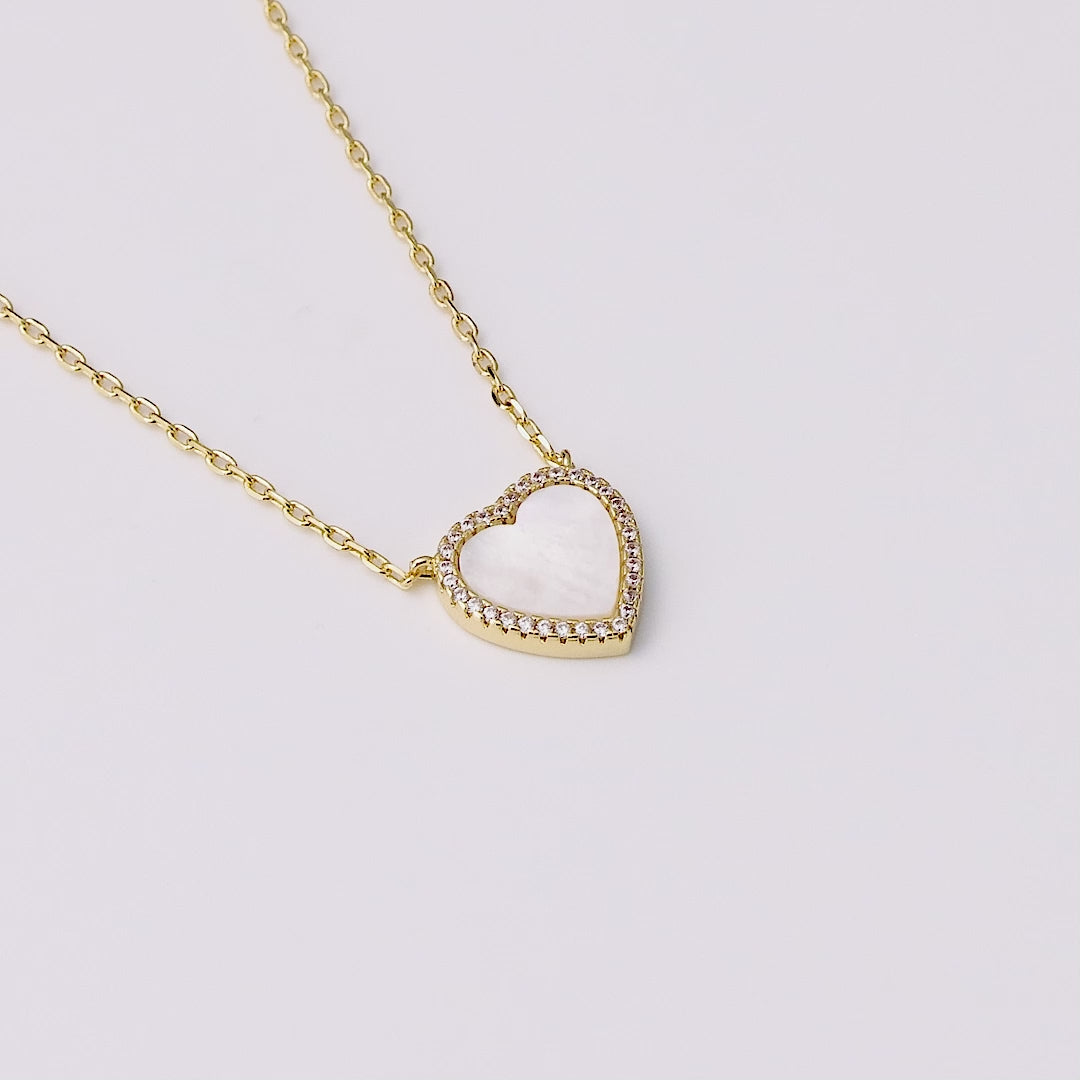 18k Gold Plated Mother of Pearl Gemstone Heart Necklace with Zircondia® Crystals