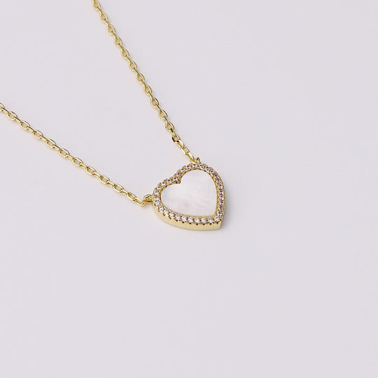 18k Gold Plated Mother of Pearl Gemstone Heart Necklace with Zircondia® Crystals