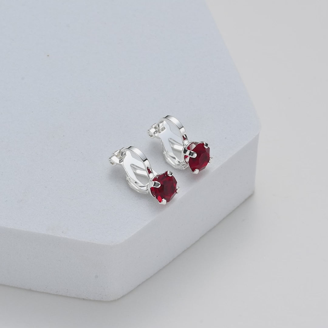 Dark Red Crystal Clip On Earrings Created with Zircondia® Crystals Video