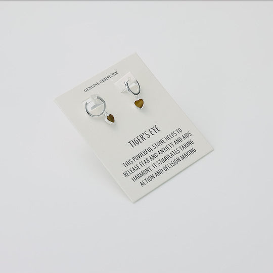 Tigers Eye Gemstone Heart Charm Hoop Earrings with Quote Card