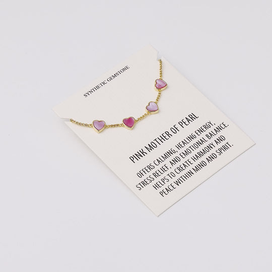 18k Gold Plated Pink Mother Of Pearl Gemstone Multi Heart Friendship Slider Bracelet with Quote Card