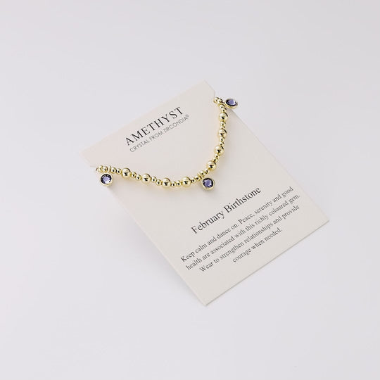 18k Gold Plated February (Amethyst) Birthstone Stretch Charm Bracelet with Quote Card
