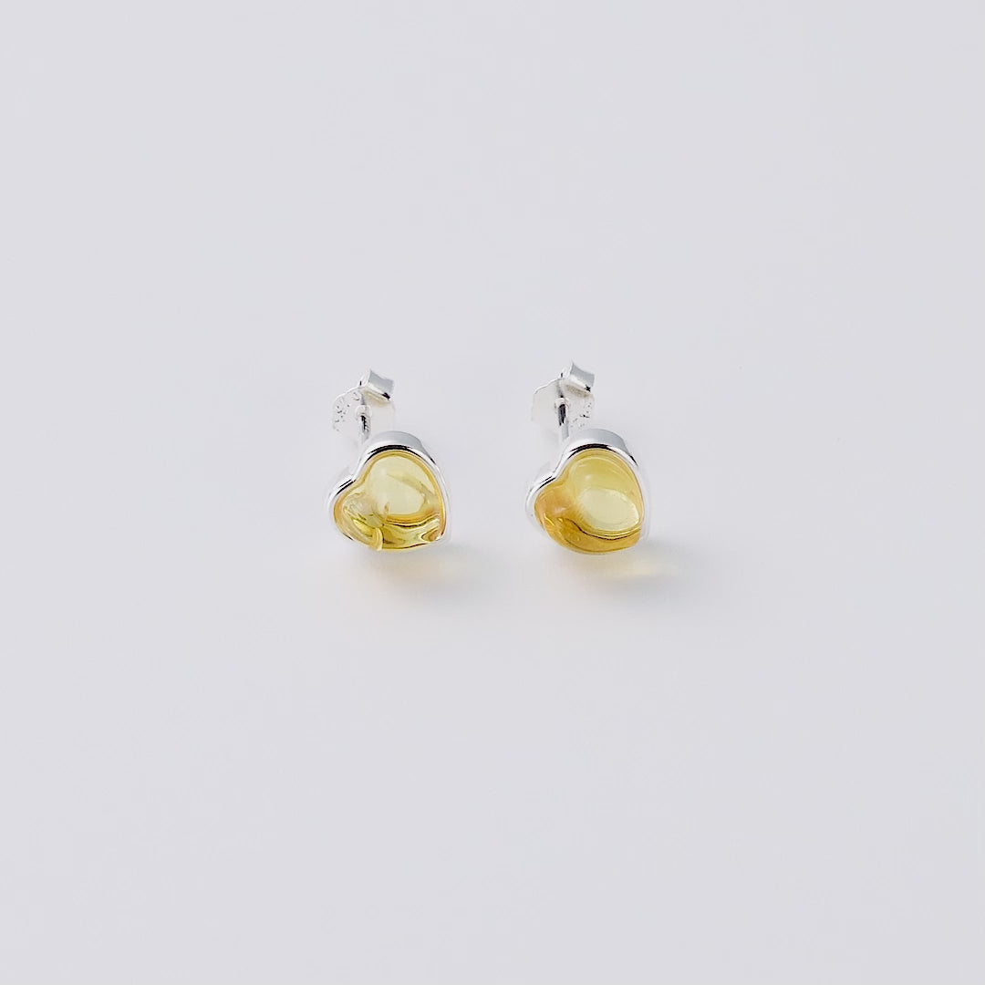 Sterling Silver Amber Heart Stud Earrings