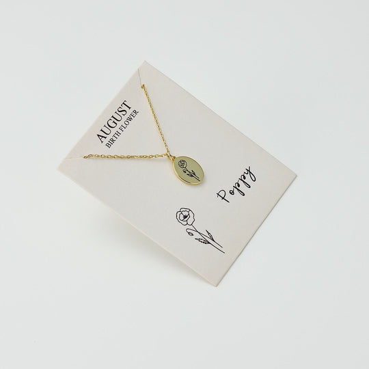 18k Gold Plated August Birth Flower Poppy Necklace with Card