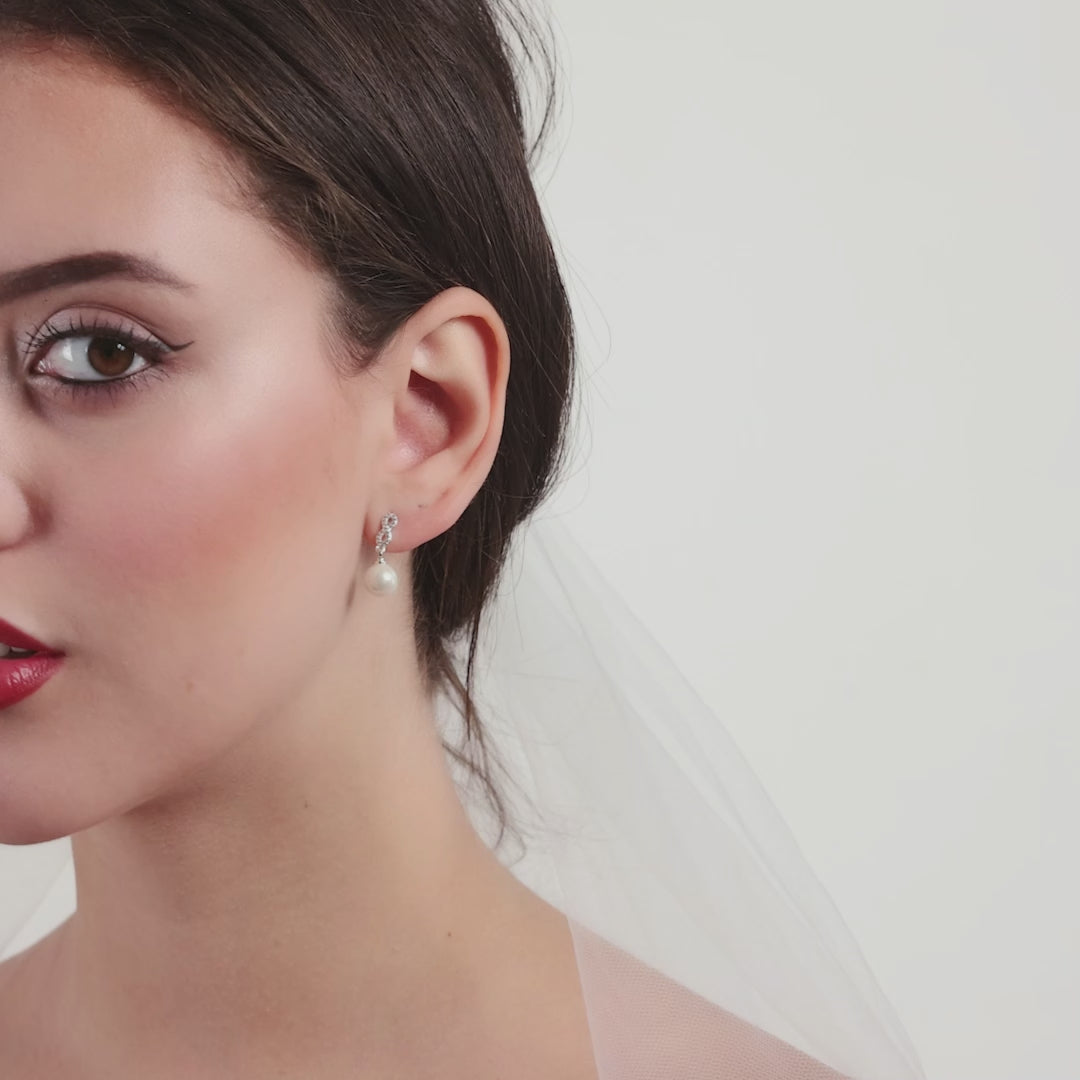 Silver Plated I Couldn't Say I Do Without You Infinity Pearl Drop Earrings with Zircondia® Crystals