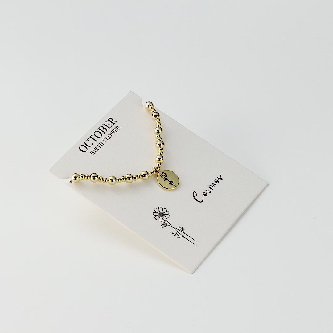 18k Gold Plated October Birth Flower Cosmos Beaded Stretch Bracelet with Card